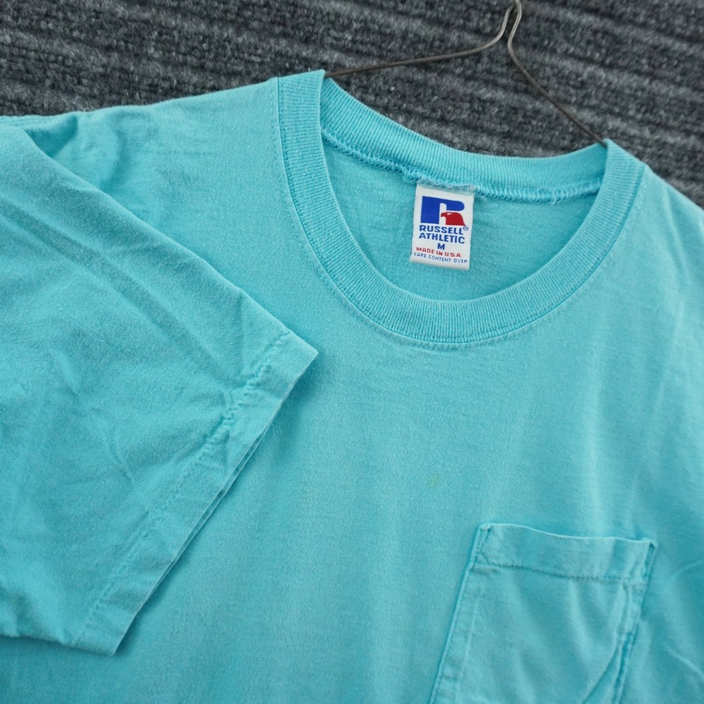 Vintage 90s Russell Athletic Pocket T-Shirt Mens M Turquoise Blue Made in USA